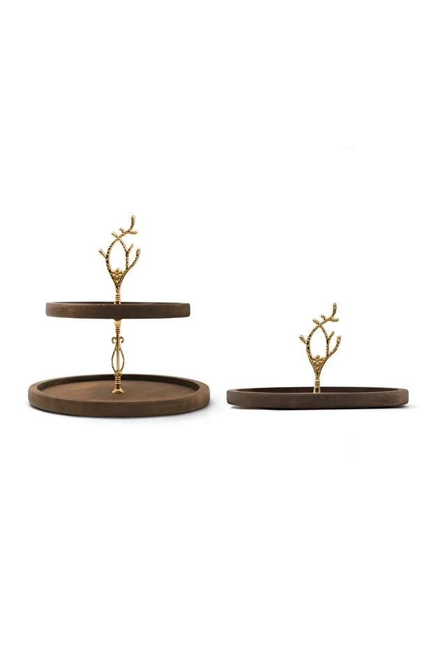 2 Katlı Ve Tek katlıYuvarlak Kulp Desenli Kulp Ahşap Kek Pasta Sunumluk Standı, Servis Sunum Tabağı,
